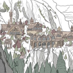 K&ouml;nnte beinhalten: Eine handgezeichnete Illustration eines Fantasiedorfes, eingebettet in eine schneebedeckte Bergkette. Das Dorf verf&uuml;gt &uuml;ber Steingeb&auml;ude mit spitzen D&auml;chern und Bogenfenstern. Die Szene ist in Graut&ouml;nen und Braun gehalten, mit gr&uuml;nen Akzenten f&uuml;r die B&auml;ume.