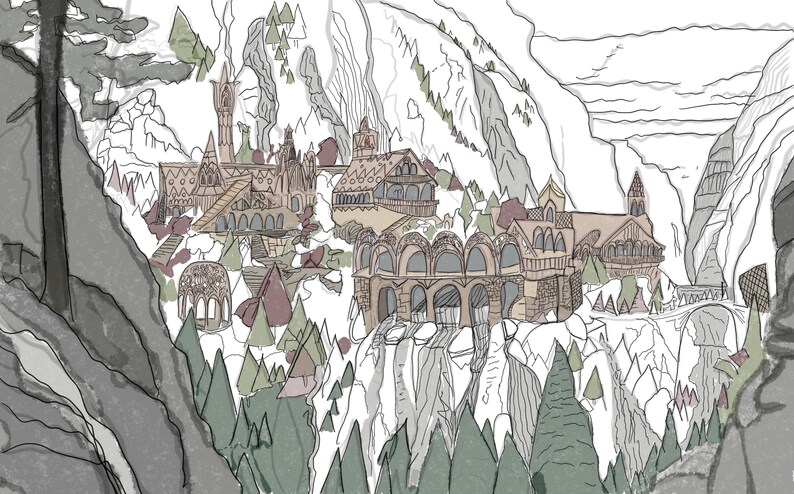 K&ouml;nnte beinhalten: Eine handgezeichnete Illustration eines Fantasiedorfes, eingebettet in eine schneebedeckte Bergkette. Das Dorf verf&uuml;gt &uuml;ber Steingeb&auml;ude mit spitzen D&auml;chern und Bogenfenstern. Die Szene ist in Graut&ouml;nen und Braun gehalten, mit gr&uuml;nen Akzenten f&uuml;r die B&auml;ume.