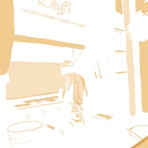 K&ouml;nnte beinhalten: Eine beige Illustration eines Restaurant-Innenraums mit einem Schild, auf dem "Druff's Featured Sandwich Today's Hot Soup" steht. Eine Person steht vor einer Theke mit einem gro&szlig;en Topf und einem Spatel.