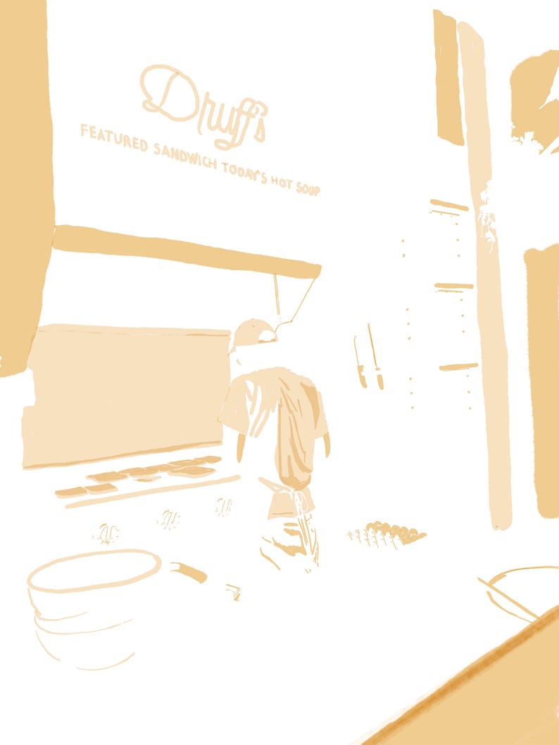 K&ouml;nnte beinhalten: Eine beige Illustration eines Restaurant-Innenraums mit einem Schild, auf dem "Druff's Featured Sandwich Today's Hot Soup" steht. Eine Person steht vor einer Theke mit einem gro&szlig;en Topf und einem Spatel.