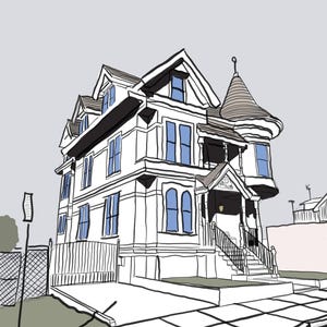 K&ouml;nnte beinhalten: Ein wei&szlig;es, mehrst&ouml;ckiges Haus mit einem spitzen Dach und blauen Fenstern. Das Haus hat eine Veranda mit einem Gel&auml;nder und Stufen, die zur Haust&uuml;r f&uuml;hren. Das Haus ist von einem gr&uuml;nen Rasen und einem Gehweg umgeben.