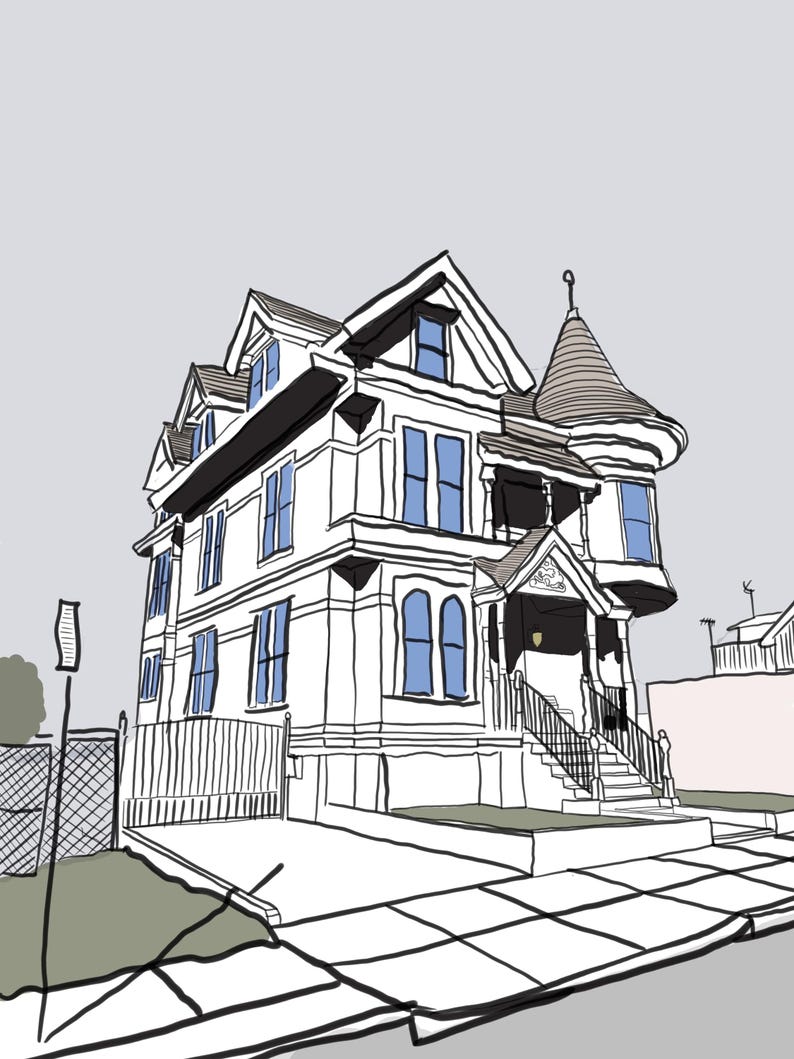 K&ouml;nnte beinhalten: Ein wei&szlig;es, mehrst&ouml;ckiges Haus mit einem spitzen Dach und blauen Fenstern. Das Haus hat eine Veranda mit einem Gel&auml;nder und Stufen, die zur Haust&uuml;r f&uuml;hren. Das Haus ist von einem gr&uuml;nen Rasen und einem Gehweg umgeben.