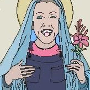 K&ouml;nnte beinhalten: Ein digitales Gem&auml;lde einer Frau mit einem Heiligenschein, die eine blaue Robe und ein rosa Hemd tr&auml;gt. Sie h&auml;lt eine rosa Blume in ihrer rechten Hand und l&auml;chelt.