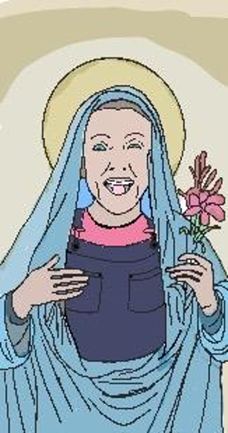K&ouml;nnte beinhalten: Ein digitales Gem&auml;lde einer Frau mit einem Heiligenschein, die eine blaue Robe und ein rosa Hemd tr&auml;gt. Sie h&auml;lt eine rosa Blume in ihrer rechten Hand und l&auml;chelt.
