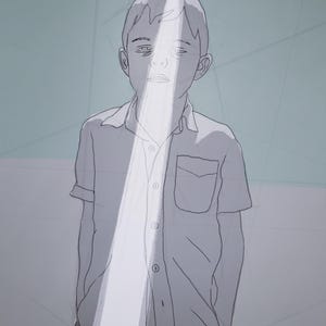 K&ouml;nnte beinhalten: Eine Strichzeichnung eines jungen Menschen, der ein Hemd mit Kn&ouml;pfen und einer Tasche tr&auml;gt. Die Person steht in einem Raum, in den ein Licht scheint.