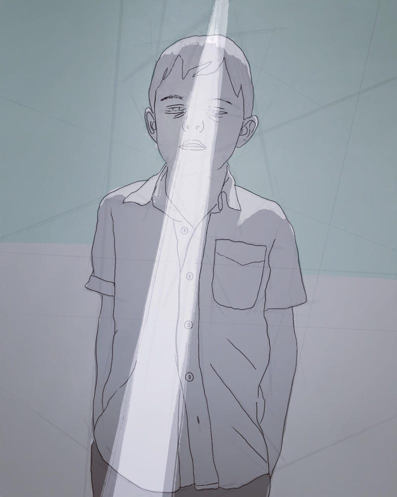 K&ouml;nnte beinhalten: Eine Strichzeichnung eines jungen Menschen, der ein Hemd mit Kn&ouml;pfen und einer Tasche tr&auml;gt. Die Person steht in einem Raum, in den ein Licht scheint.
