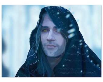 Könnte beinhalten: Ein Porträt eines Mannes mit langen, fließenden blauen Haaren und gelben Augen, der einen dunkelblauen Kapuzenmantel trägt. Das Kunstwerk hat ein Fantasy-Thema mit verschwommenem, schneebedecktem Hintergrund.
