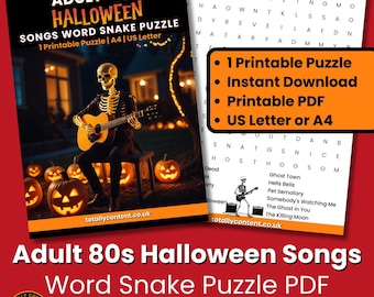 Quebra-cabeça de palavras da cobra com músicas de Halloween dos anos 80: jogo para impressão para adultos (download instantâneo)