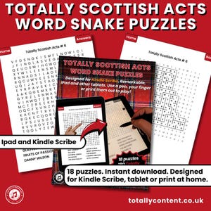 Puede incluir: Un fondo rojo y negro a cuadros con una caja blanca que contiene el texto "Totally Scottish Acts Word Snake Puzzles". También se incluye el texto "Designed for Kindle Scribe, Remarkable, iPad and other tablets. Use a pen, your finger or print them out to play!" La imagen muestra un primer plano de una mano usando un lápiz óptico en la pantalla de una tableta. El texto "18 puzzles. Descarga instantánea. Diseñado para Kindle Scribe, tableta o impresión en casa." está en la parte inferior de la imagen.