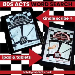 May include: A black and white checkerboard background with two tablets displaying a word search puzzle. The text on the tablets reads "80s Acts Word Search" and "Totally Content". The image is designed for Kindle Scribe, iPads, and other tablets.