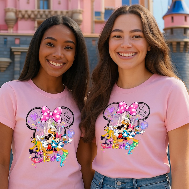 Op de afbeelding: Twee vrouwen dragen roze T-shirts met een Disney-thema. De afbeelding bevat Mickey en Minnie Mouse, Donald Duck en andere personages. De shirts hebben een strik en de namen "Ella" en "Chloe" met het jaar "2020".