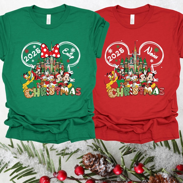 Camiseta navideña personalizada de Disney, camisetas navideñas de Mickey y Minnie, camiseta navideña familiar a juego de Disney, camiseta para el viaje navideño a Disney