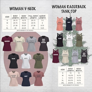 May include: A product image featuring a variety of women's t-shirts and tank tops in various colors. The image includes size charts with measurements in inches for both V-neck and racerback tank tops. Colors include maroon, black, white, and heather grey.