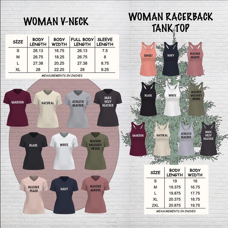 May include: A product image featuring a variety of women's t-shirts and tank tops in various colors. The image includes size charts with measurements in inches for both V-neck and racerback tank tops. Colors include maroon, black, white, and heather grey.