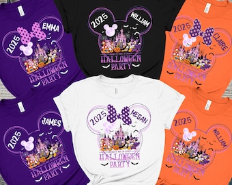 May include: A collection of short-sleeved t-shirts in various colors, including purple, black, white, and orange. Each shirt features a Halloween-themed graphic with a castle, characters, and the text "Halloween Party" and a name. The year "2025" is also displayed.