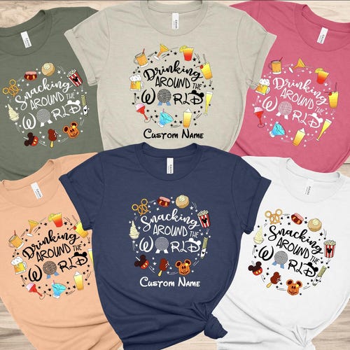 Snacks por todo el mundo, bebidas por todo el mundo, camisetas personalizadas de Disney Epcot, camisetas familiares Disney 2025, camisetas Disney a juego
