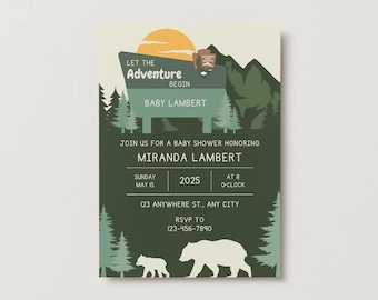 May include: A green and brown baby shower invitation with a mountain scene and the text "Let the Adventure Begin" and "Baby Lambert". The invitation also includes the date, time, and location of the shower.