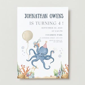 Octopus Themed Birthday Invitation - Editable with Canva