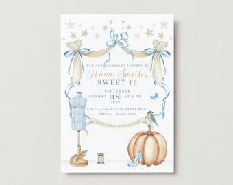 May include: A blue and white invitation for a Sweet 16 party. The invitation features a Cinderella theme with a pumpkin, glass slipper, and a sewing dummy. The text reads "You are cordially invited to Anna Smiths Sweet 16 September 18 at 4 PM 2023 123 Anywhere St. City, STATE 94401 RSVP to 123-456-7690"