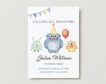 May include: A white invitation card with watercolor illustrations of three friendly monsters. The text "CALLING ALL MONSTERS" is at the top, with the name "Julian Williams" and RSVP information below. The card is for a third birthday.