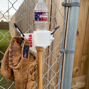 Baseball gear hanging organizer - fence hanging rack for drink, bat, helmet, and glove - personalized - fits big cups and Gatorade bottles
