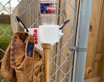 Baseball gear hanging organizer - fence hanging rack for drink, bat, helmet, and glove - personalized - fits big cups and Gatorade bottles