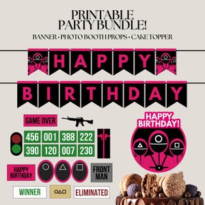 Paquete de cumpleaños de calamar, paquete de fiesta de calamar, fiesta de cumpleaños de SG, fiesta de cumpleaños de juegos, pancarta, adorno para tarta, accesorios para fotomatón, descarga e impresión