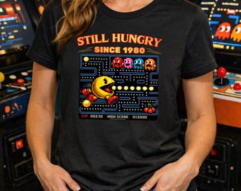 Vintage Pac-Man Arcade T-Shirt PNG | 80s Gamer Maze Ghosts Still Hungry (Digital Download)