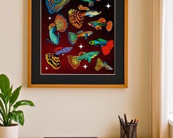 Fancy Tail Guppy Wall Art – Vibrant Aquarium Fish Digital Download, 12×16” Printable Poster