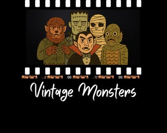 1950s Vintage Universal  Monsters PNG:Frankenstein, Wolfman, Dracula retro tshirt design Digital Download