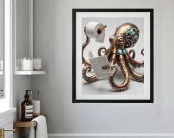 Steampunk Octopus Bathroom Print, Surreal Toilet Paper Art (Digital Download)