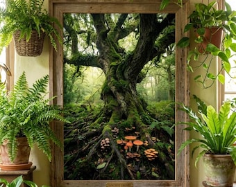 Moosige Eiche Baum Wandkunst, Waldpilz Digitaler Download, Verzauberte Wälder Druck, Goblincore Dekor, Knorrige Baumwurzeln Poster, 24x36 PNG