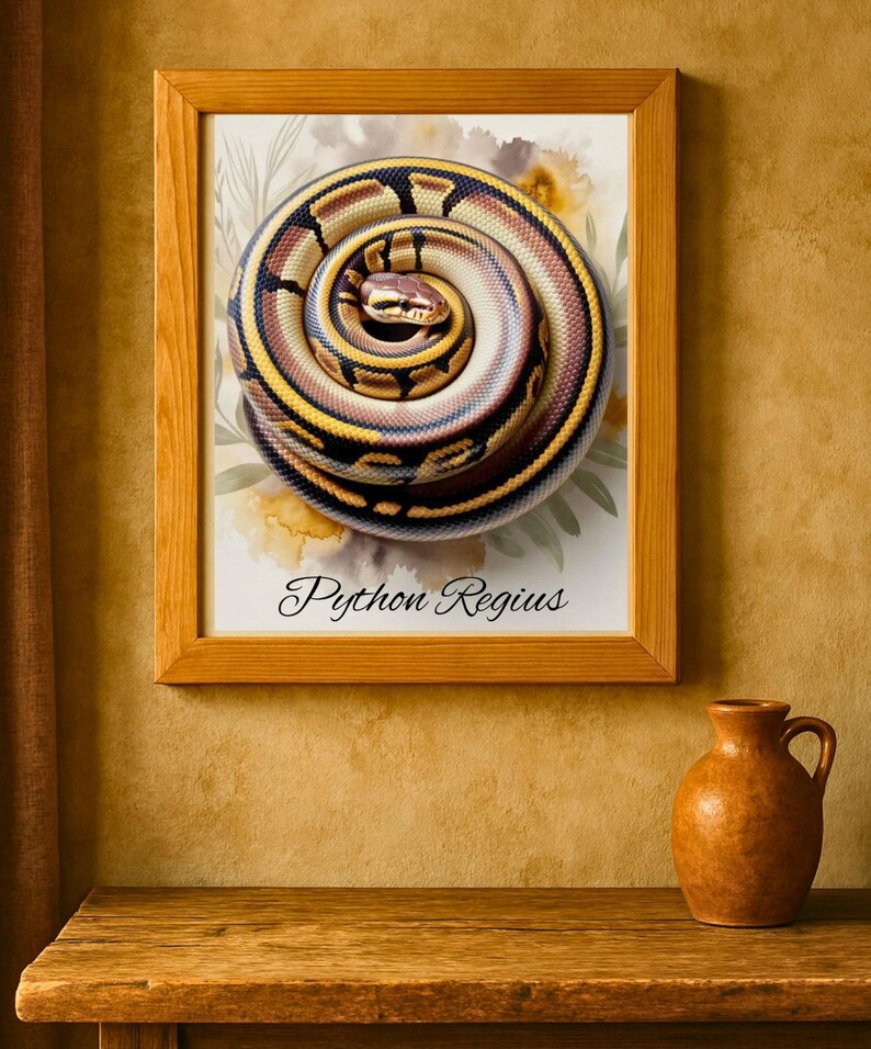 Peut inclure: Une impression encadr&eacute;e repr&eacute;sentant un python royal enroul&eacute;, avec un motif d&eacute;taill&eacute; d'&eacute;cailles marron, jaunes et noires. L'&oelig;uvre est plac&eacute;e sur un fond d'&eacute;l&eacute;ments floraux doux et comprend le texte "Python Regius".