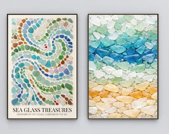 Sea Glass Mosaic Art Prints, Coastal Beach House Decor (Digital Download)