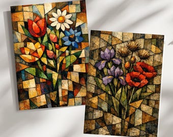 Cubist Floral Wall Art Set, Abstract Botanical Prints, Mosaic Flower Art (Digital Download)