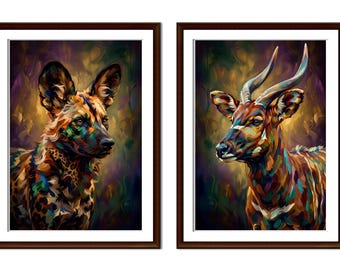African Wildlife Art Prints: Painted Wolf, Kudu Antelope Savanna Poster (Digital Download)