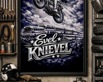 Evel Knievel Motorrad Bus Sprung Poster, Vintage Daredevil Stunt Art (Digitaler Download)