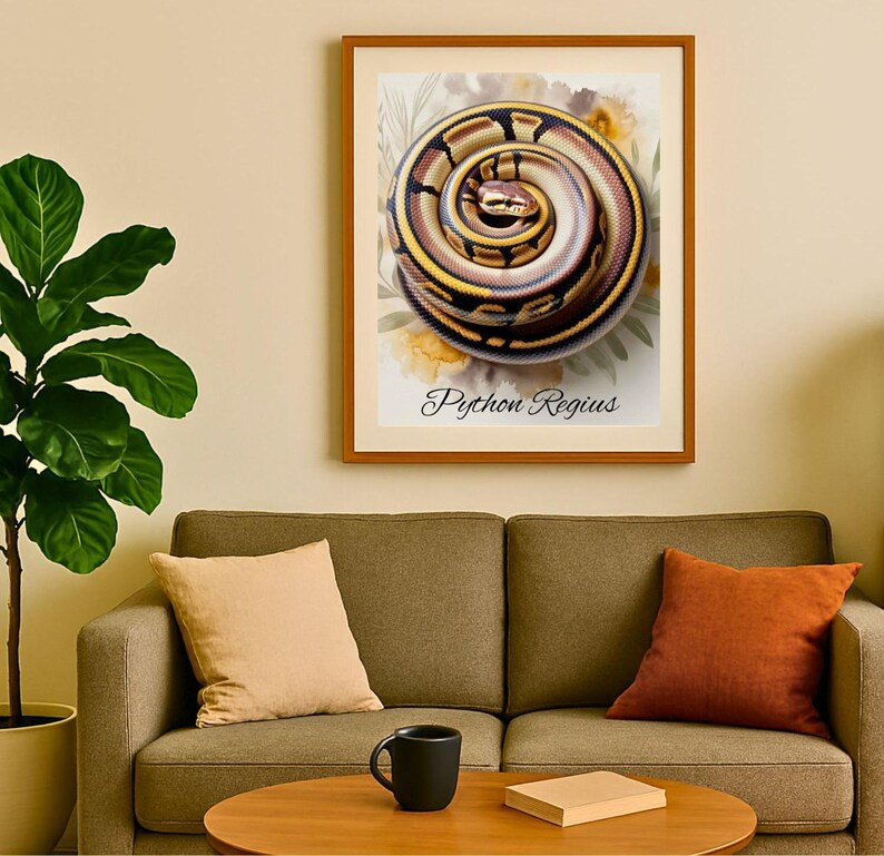 Peut inclure: Une affiche encadr&eacute;e repr&eacute;sentant un python royal enroul&eacute;, avec des &eacute;cailles marron, noires et jaunes d&eacute;taill&eacute;es. L'&oelig;uvre est plac&eacute;e sur un fond d'&eacute;l&eacute;ments floraux doux et le texte "Python Regius". L'affiche est affich&eacute;e au-dessus d'un canap&eacute;.