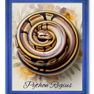 Peut inclure: Impression encadr&eacute;e d'un python royal enroul&eacute;. Le serpent pr&eacute;sente des motifs jaunes, bruns et noirs. L'impression est pos&eacute;e sur un fond aquarelle avec des accents floraux et le texte "Python Regius" en &eacute;criture &eacute;l&eacute;gante.