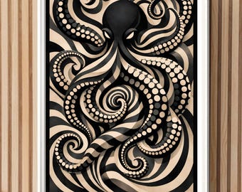 Surreal Octopus Wall Art, Optical Illusion Print, Abstract Sea Creature Poster (Digital Download)