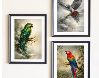 3 Piece Parrot Wall Art Set, Tropical Bird, Scarlet Macaw, African Grey (Digital Download)