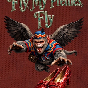 May include: A winged monkey wearing a blue, red, and yellow jacket and a matching cap, flying above a pair of red glittery high-heeled shoes. The text "Fly, My Pretties, Fly" is displayed in a decorative, metallic green font against a dark red background.