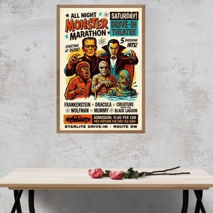 May include: A vintage-style poster for a monster movie marathon at a drive-in theater. The poster features illustrations of classic monsters like Frankenstein, Dracula, and the Creature from the Black Lagoon. Text includes "Monster Marathon" and "5 Shocking Hits!"