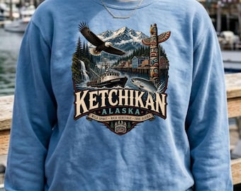 Ketchikan Alaska PNG Digital Download, Vintage Alaska T-Shirt Design, Totempfahl Fischerboot Becher, Pazifischer Nordwesten Clipart