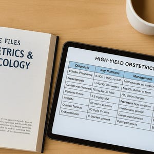 May include: An open textbook titled "Case Files Obstetrics & Gynecology" next to a tablet displaying a medical chart titled "High-Yield Obstetrics." A cup of coffee sits in the upper right corner. The tablet's chart lists diagnoses, key numbers, management, and keywords.