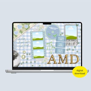 May include: A laptop screen shows a digital collage with a blue and white gingham pattern. It features a CD, film strip, tickets, and the text "AMD." The words "do more of your favorite things" are also visible. A yellow circle with "digital download" is in the corner.
