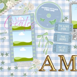 May include: A digital collage with a blue and white gingham pattern background. Elements include a CD with "Harry Styles Fine Line", filmstrip, tickets, a camera, and the text "AMD Creates" and "do More of your favorite things".