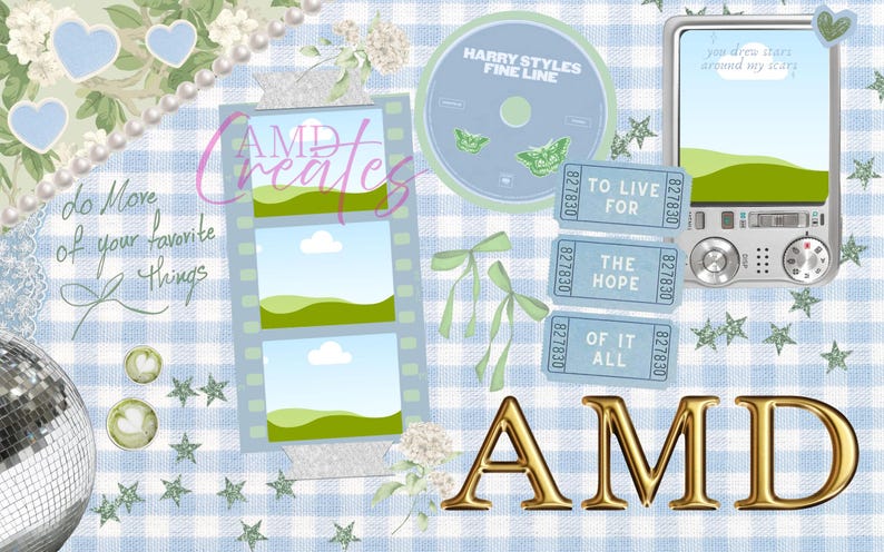May include: A digital collage with a blue and white gingham pattern background. Elements include a CD with "Harry Styles Fine Line", filmstrip, tickets, a camera, and the text "AMD Creates" and "do More of your favorite things".