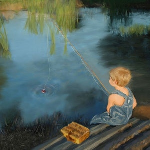 Boy Fishing Photograph Wall Art Nursery Art Photo Painting Nursery Decor image 1