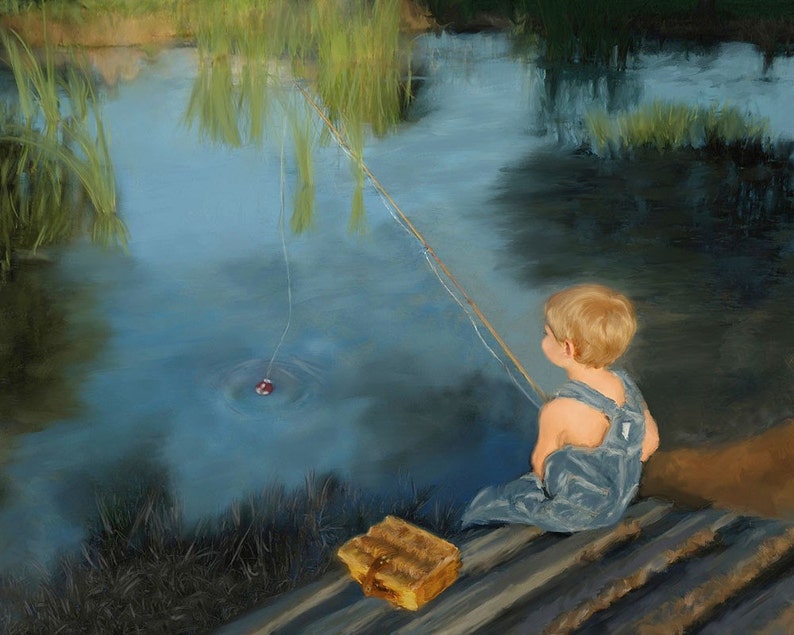 Boy Fishing Photograph Wall Art Nursery Art Photo Painting Nursery Decor image 1